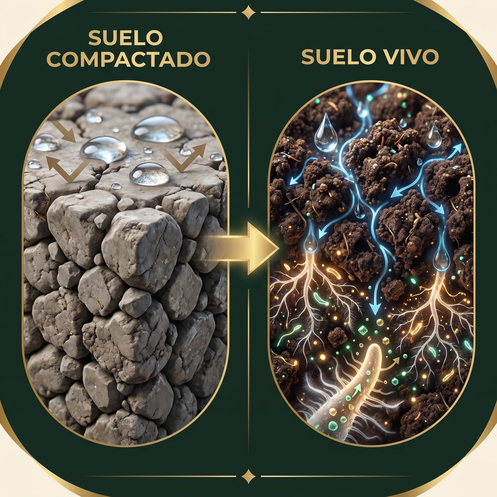 Tierra compactada al lado de tierra suelta donde el agua llega a la raíz