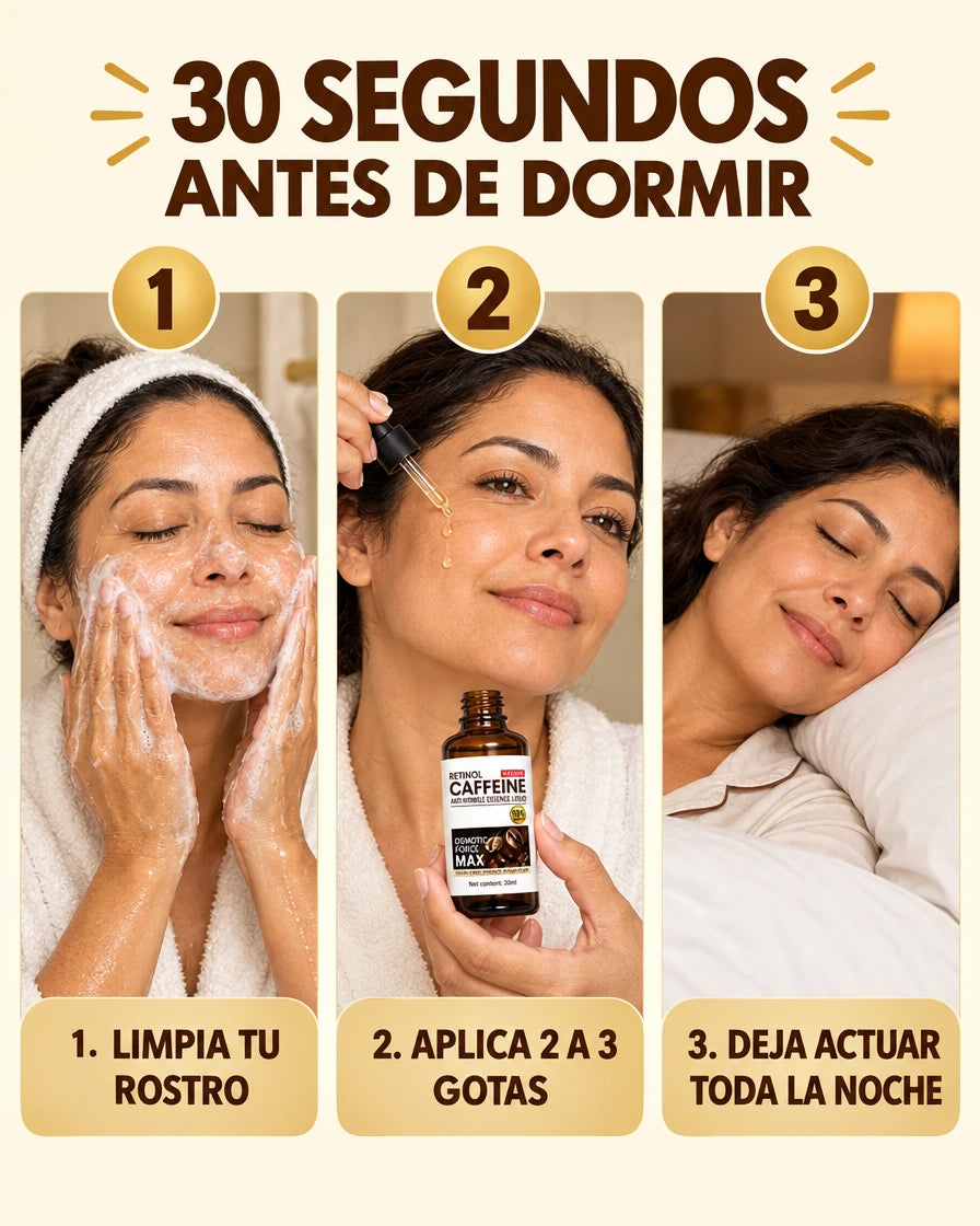 tres pasos: mujer limpiando su rostro, aplicando 2 a 3 gotas del sérum y durmiendo con la piel tratada