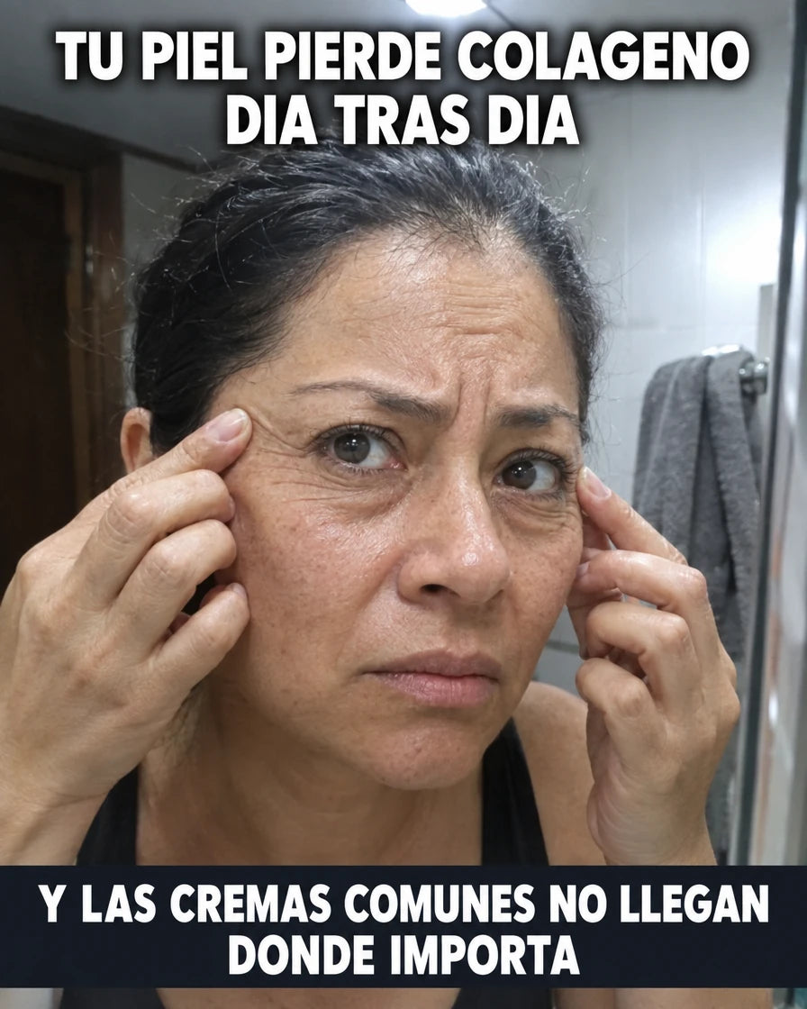 mujer madura tocándose las líneas de expresión junto a los ojos frente al espejo del baño