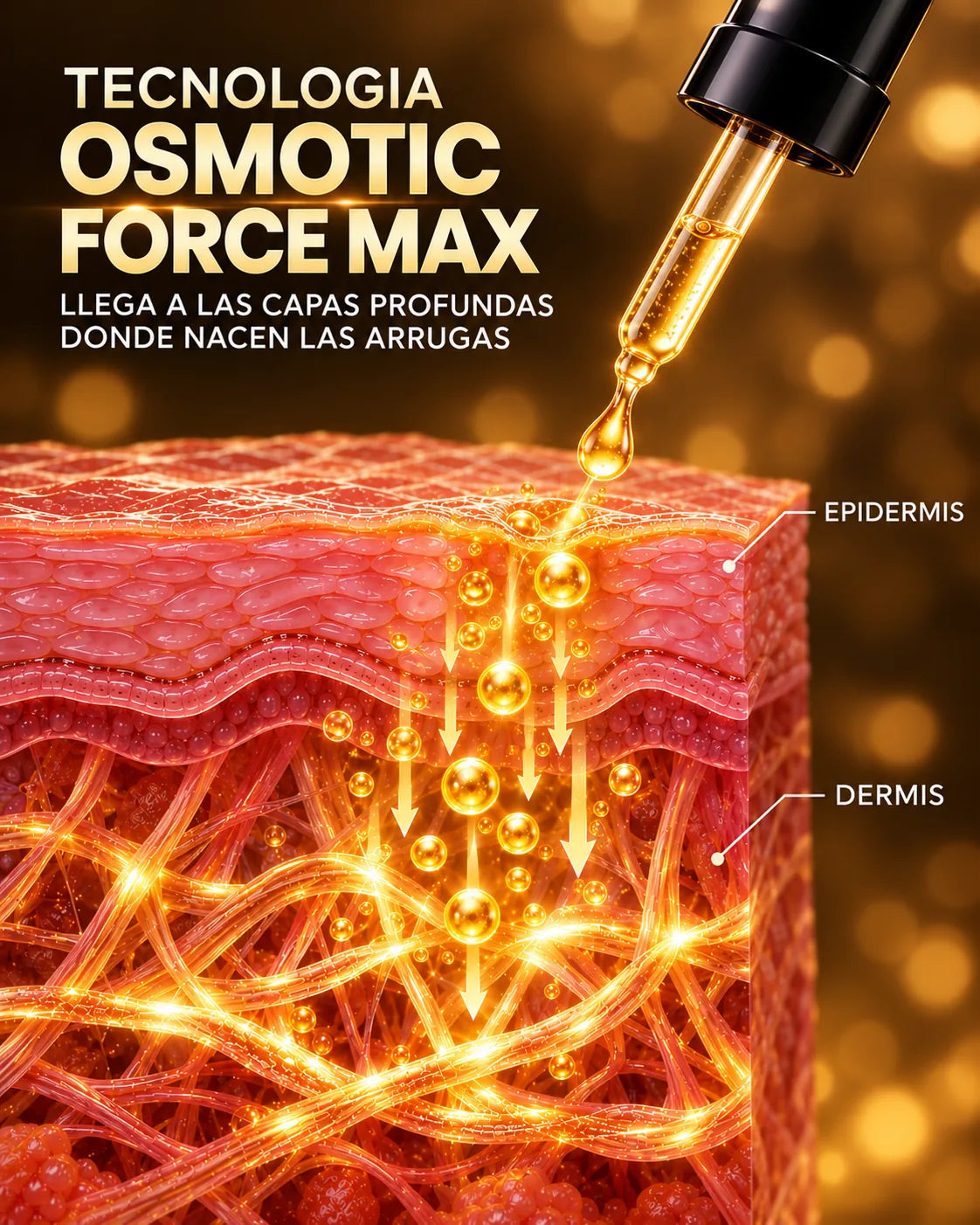 corte de piel mostrando el sérum dorado penetrando de la epidermis a la dermis con tecnología Osmotic Force Max