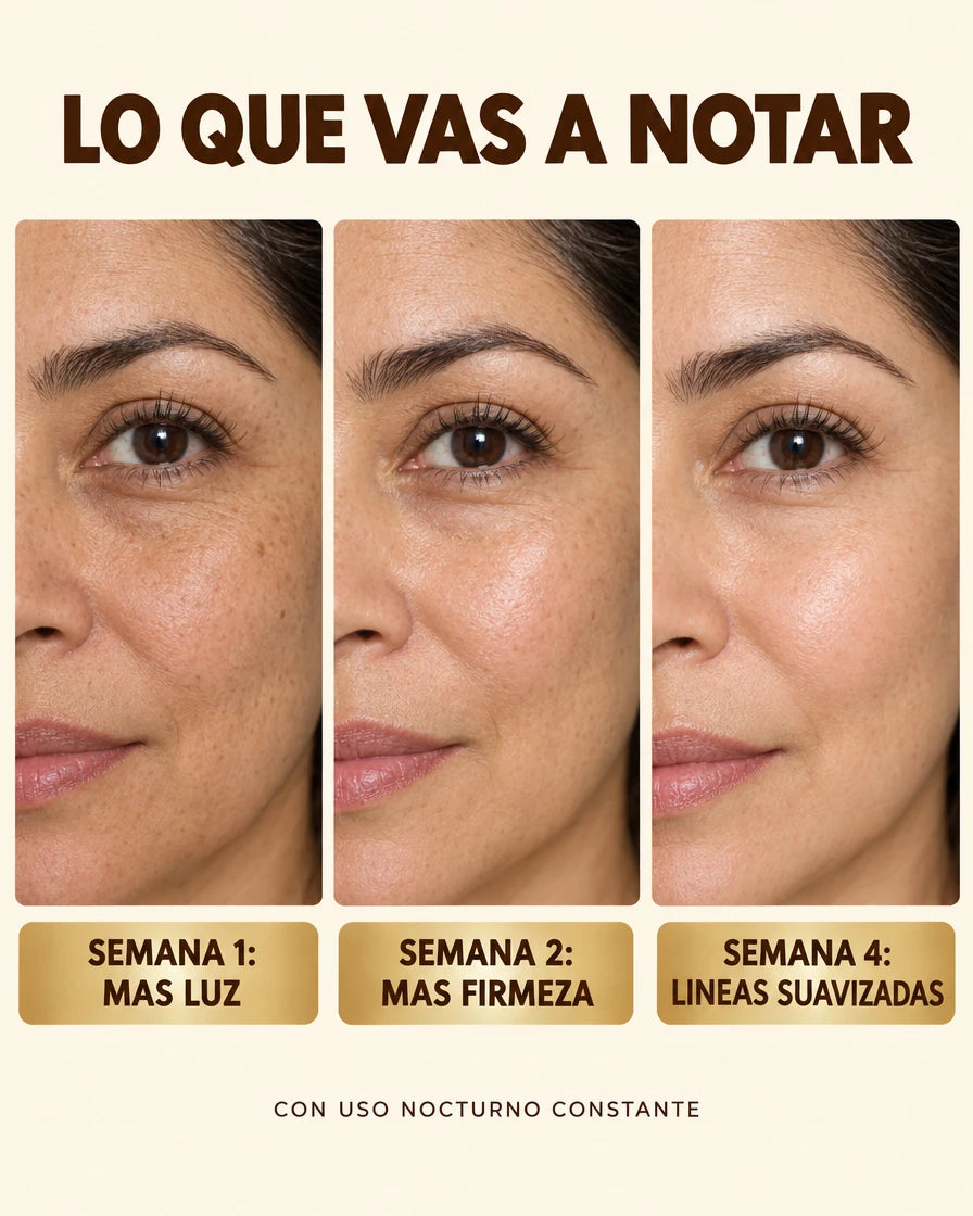 tres fotos del rostro de una mujer mostrando el progreso en las semanas 1, 2 y 4 de uso del sérum