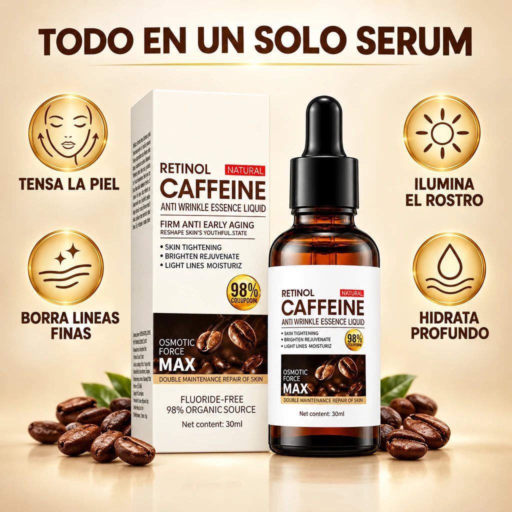 caja y frasco del sérum de retinol y cafeína con iconos de beneficios: tensa, ilumina, borra líneas finas e hidrata