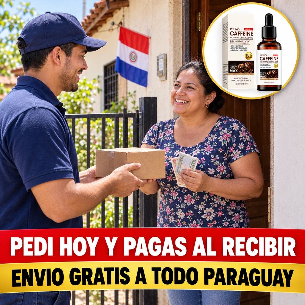 repartidor entregando un paquete a una clienta sonriente en su casa en Paraguay, quien paga al recibir