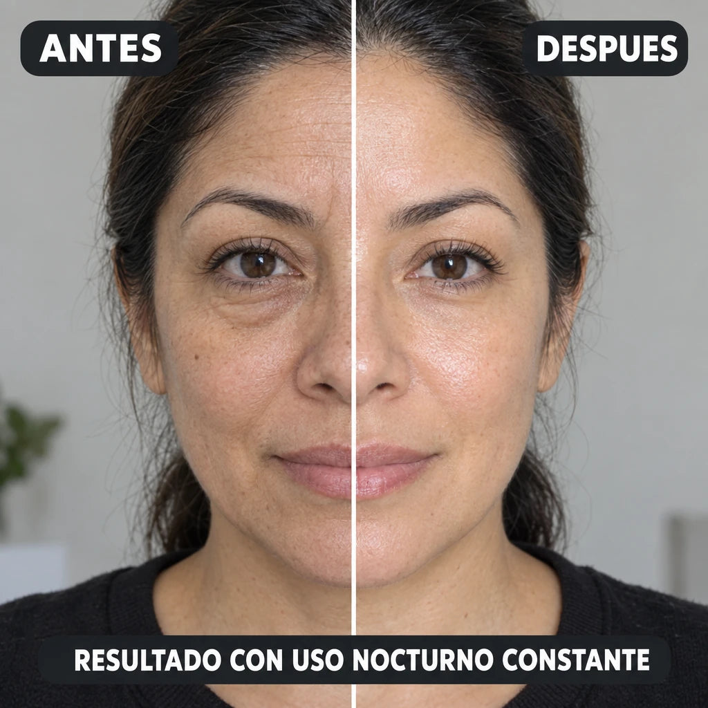 comparación antes y después del rostro de una mujer madura con uso nocturno constante del sérum