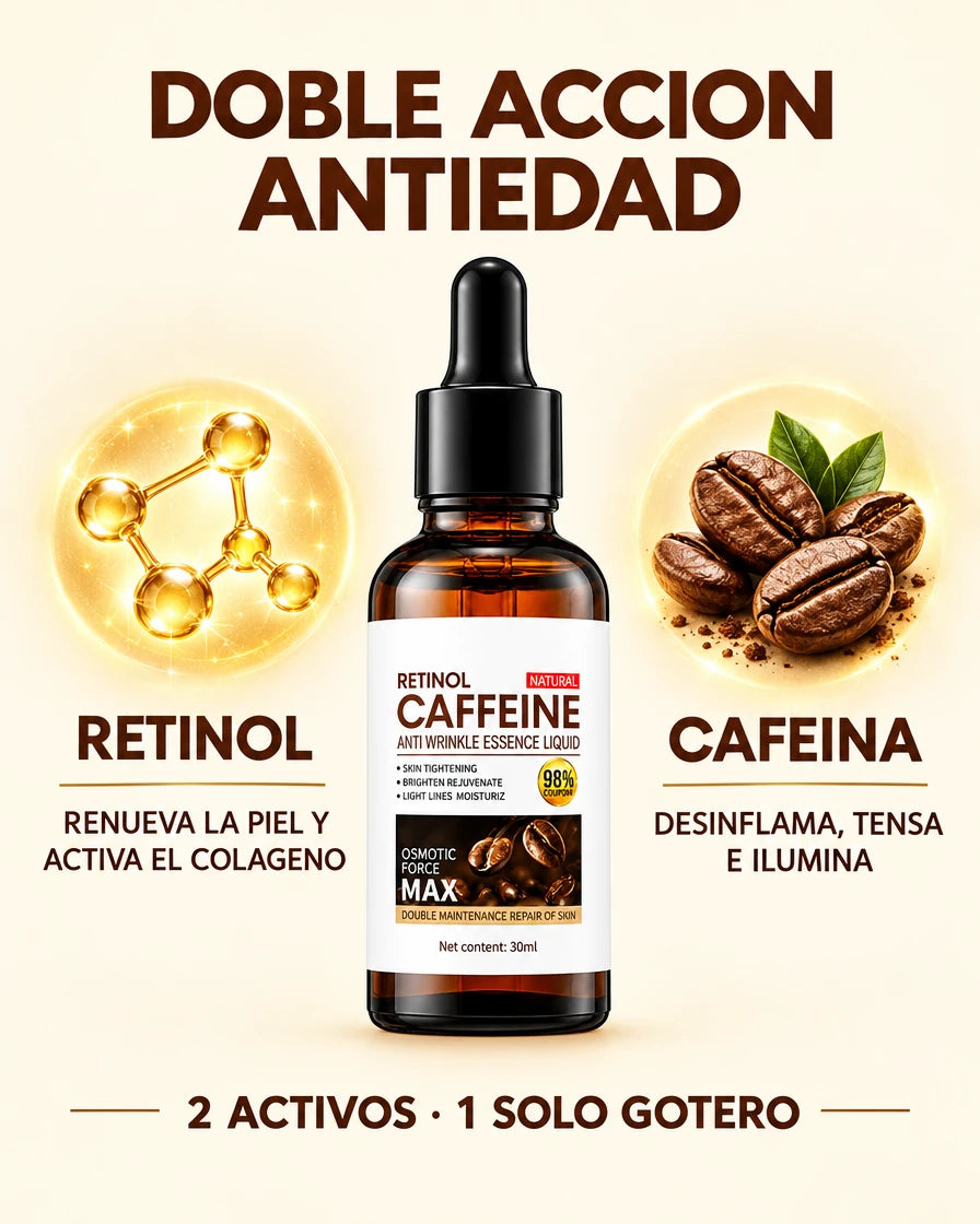 frasco de sérum con retinol y cafeína, con moléculas de retinol a la izquierda y granos de café a la derecha