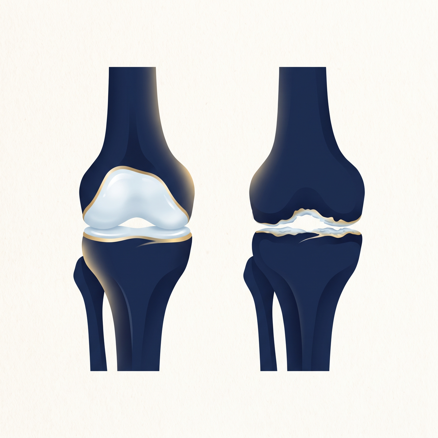 Ilustracion de una rodilla con cartilago sano y cartilago desgastado