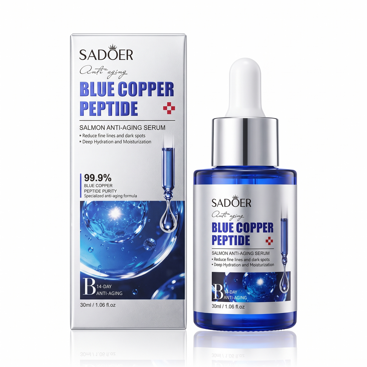 Frasco de serum de vidrio azul junto a su caja sobre fondo blanco