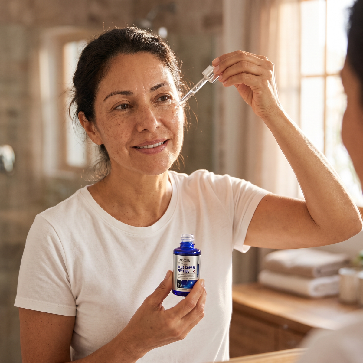 Mujer de unos 45 anos aplicando el serum frente al espejo del bano