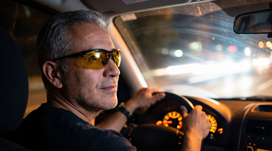 Hombre conduciendo de noche con lentes de lente ambar