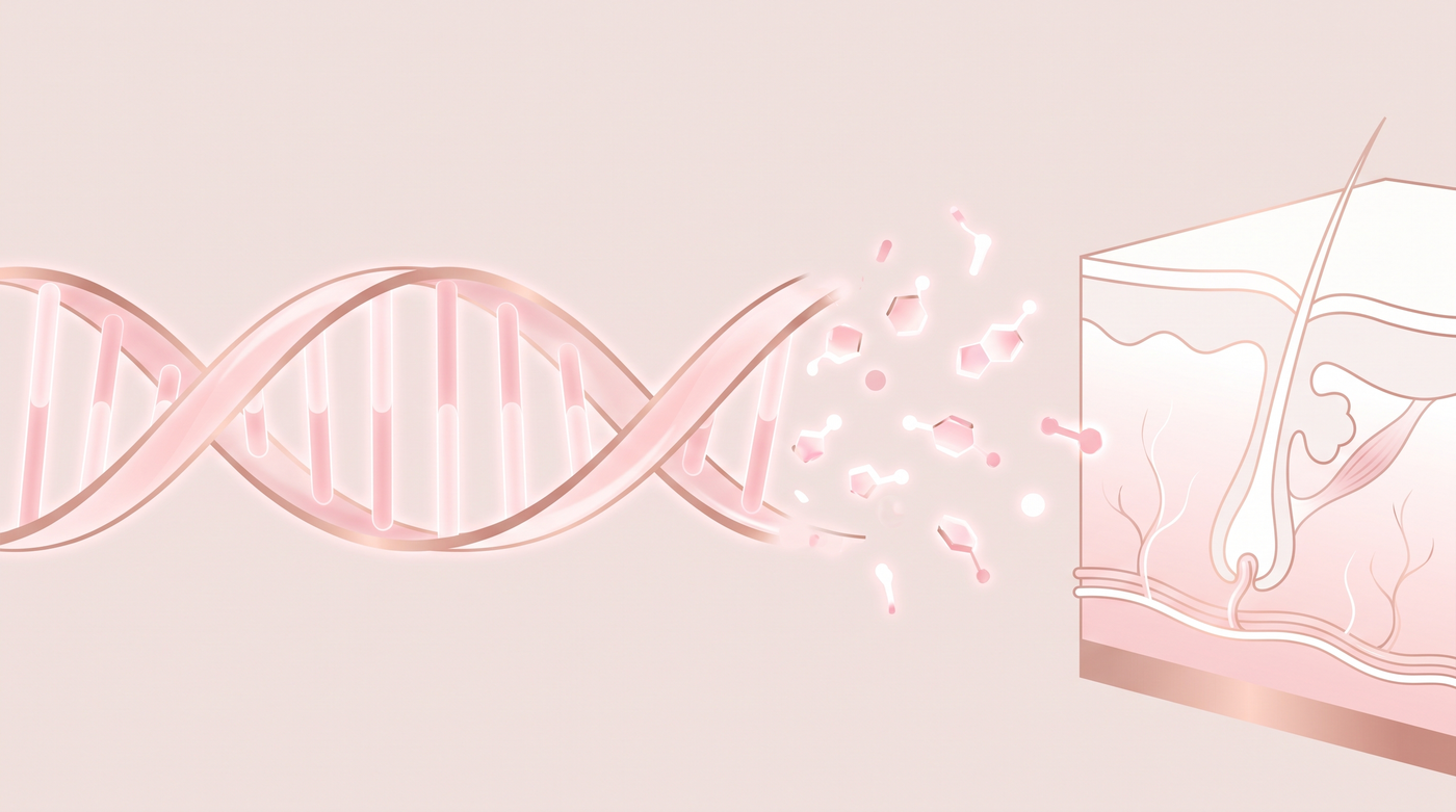 Ilustracion de una doble helice de ADN que se fragmenta en nucleotidos