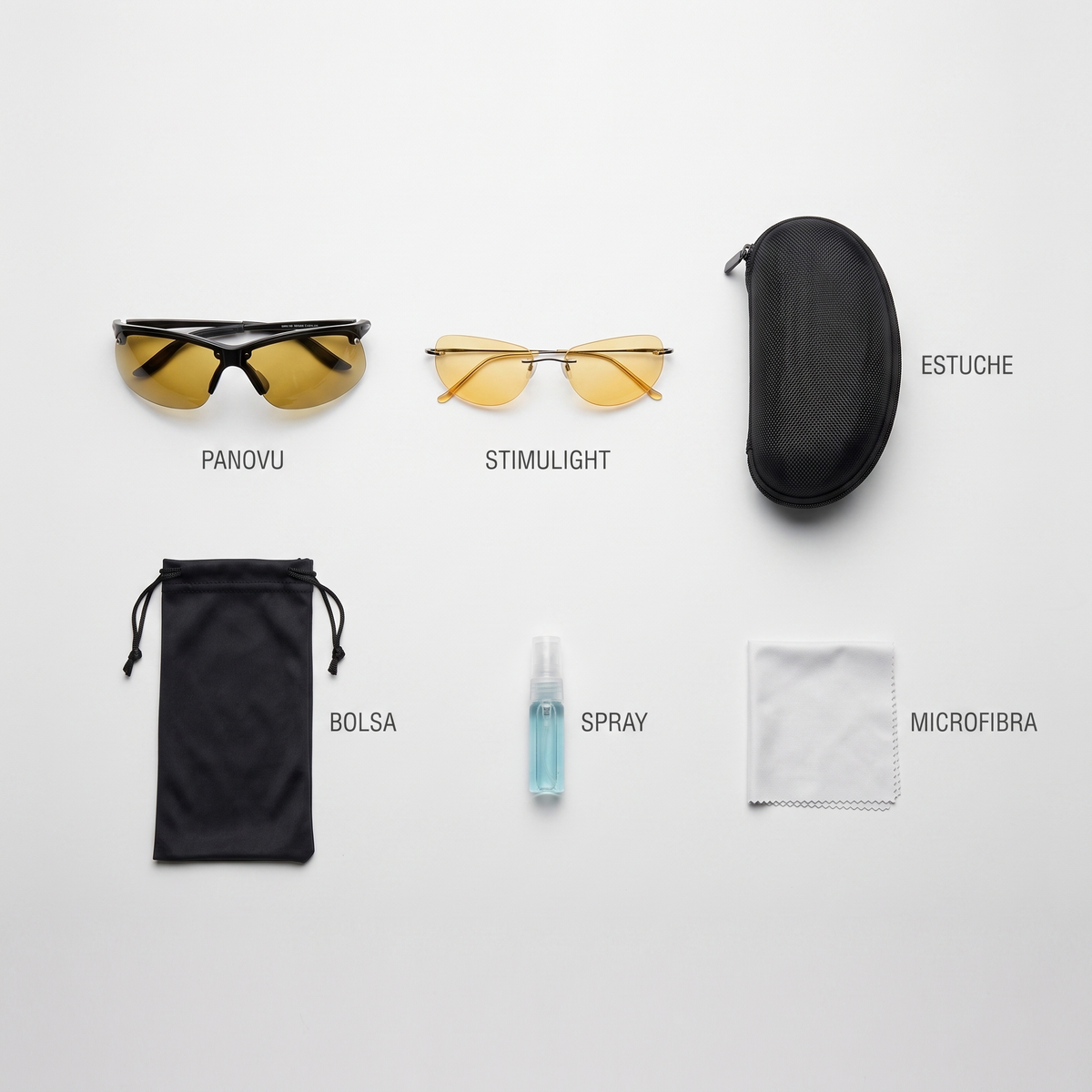 Contenido del kit ordenado y rotulado sobre fondo gris
