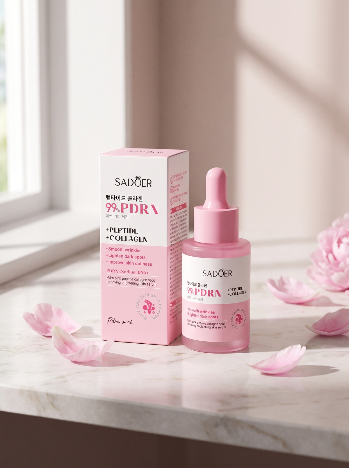 Serum PDRN y su caja sobre marmol claro con petalos rosados
