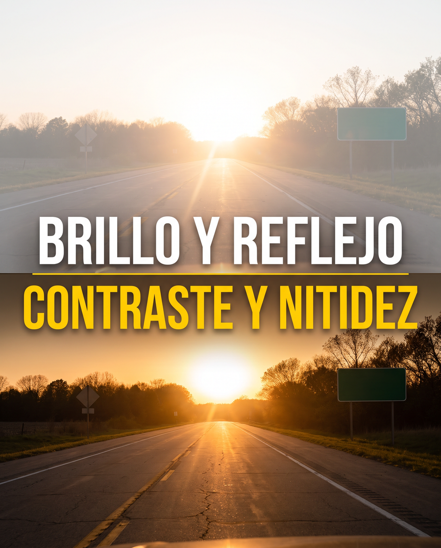 Ruta con sol bajo comparando brillo y reflejo contra contraste y nitidez
