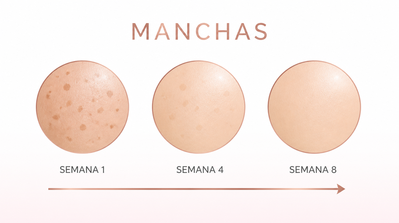 Ilustracion de tres muestras de piel con manchas que se aclaran entre la semana 1 y la 8