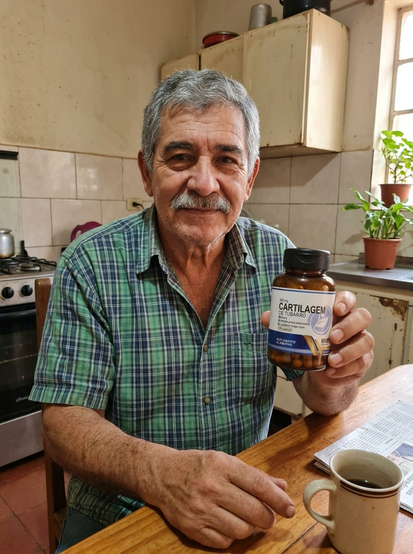 Cliente sentado a la mesa con el frasco en la mano