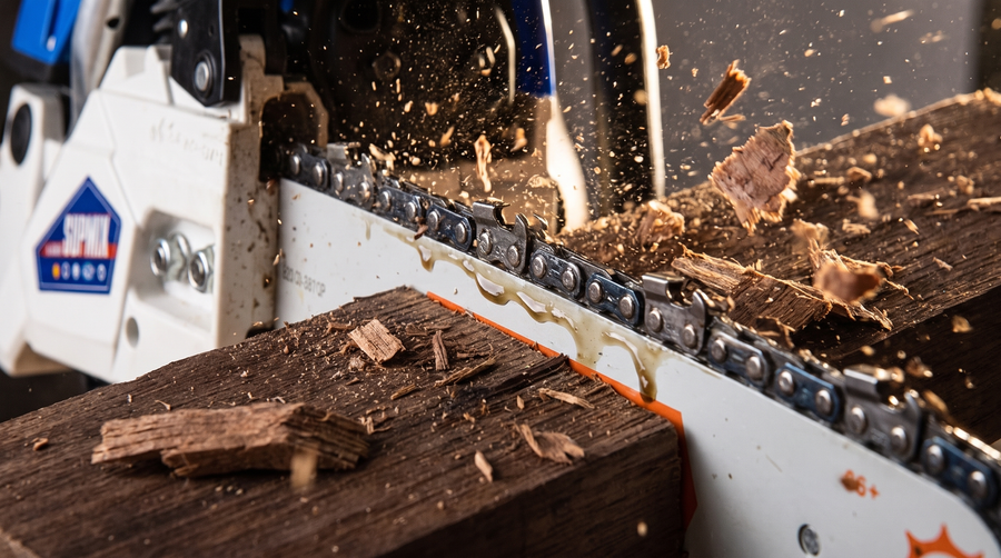 Primer plano de la cadena cortando madera dura con viruta saltando