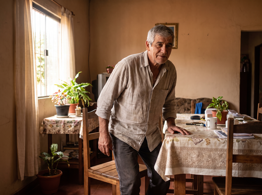 Hombre mayor levantandose de una silla sin esfuerzo