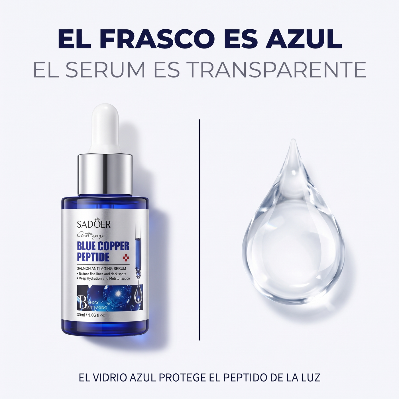 El frasco es azul y el serum es transparente: el vidrio azul protege el peptido de la luz