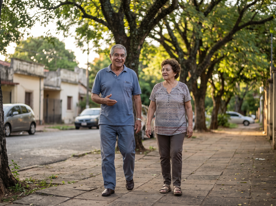 Pareja mayor caminando por una calle arbolada