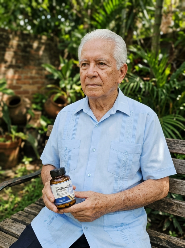 Cliente mayor sentado en un banco del jardin con el frasco