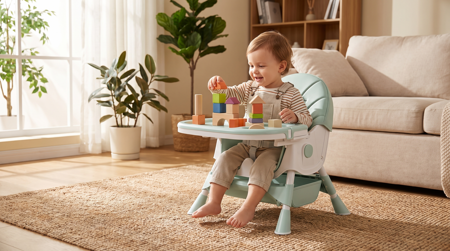 Silla en modo bajo usada como sillita de actividades en el living